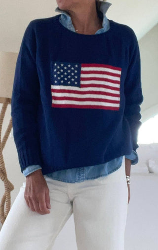 Pink Pineapple - Pink Pineapple Vintage Flag Boyfriend Sweater – 100% Cotton Patriotic Knitampus Boyfriend Flag Sweater In Navy