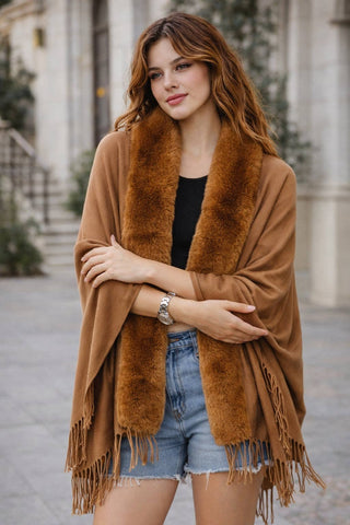 JC Sunny Faux Fur Trim Shawl & Scarf – Caramel or Navy