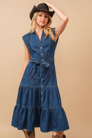 Blue B Belted Button-Up Tiered Midi Dress