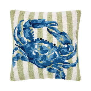Blue Crab Hand-Hooked Wool Throw Pillow | Coastal Nautical Accent Pillow 16" x 16"