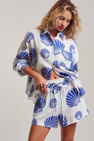 Urban Daizy - Seaside Blue Shell Cotton Gauze Shirt & Short Set