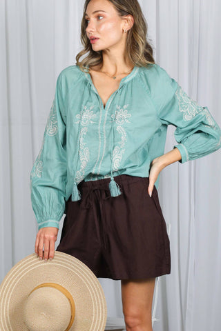 Vine & Love - Bohemian Embroidered Split Neck Blouse Top VT83131