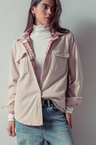 Urban Daizy - Plaid Flannel-Lined Corduroy Shacket