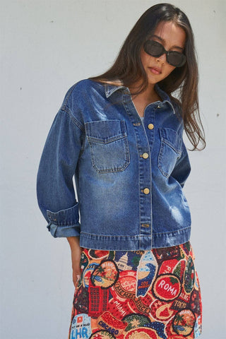 Urban Daizy - Vintage Wash Denim Shirt Jacket With Gold Buttons