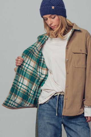 Urban Daizy - Plaid Flannel-Lined Corduroy Shacket