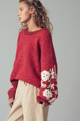 Urban Daizy - Floral Embroidered Striped Knit Sweater