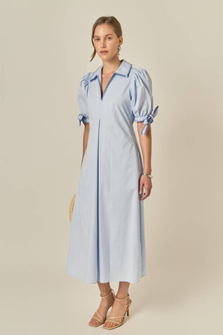 English Factory Stitch Detail Midi Dress | Cotton Puff Sleeve Dress