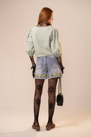 Blue B Floral Embroidered High-Rise Denim Shorts
