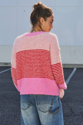 Urban Daizy - Striped Fuzzy Knit Volume Sleeve Cardigan