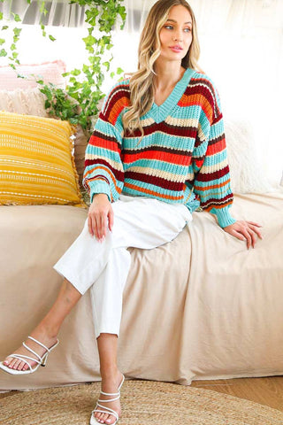 V-Neck Multi Color Striped Knitted Sweater