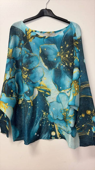 LOOWIE Teal Gilded Floral Italian Knit Sweater