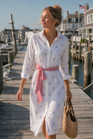 Pink Pineapple Exclusive Cotton Shirt Dress – Patriotic Resort Dress with Sash &amp; Pockets
