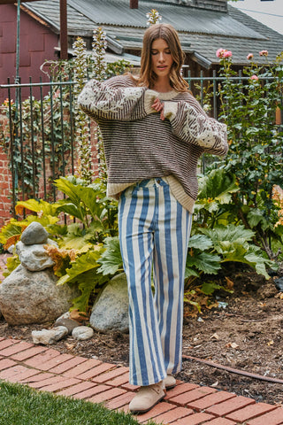 Urban Daizy - Floral Embroidered Striped Knit Sweater