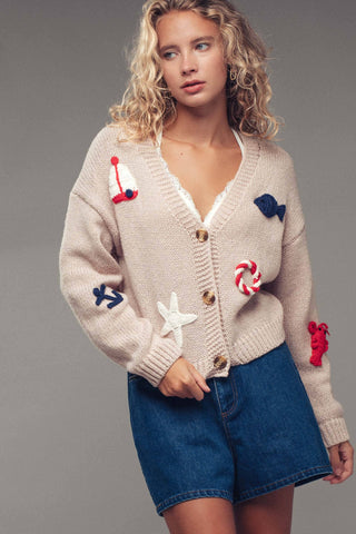 Urban Daizy - Crochet Patch Cardigan–Nautical Motifs, Relaxed Cropped Fit
