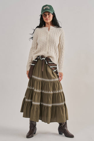 Urban Daizy Ivory Cable-Knit Cardigan with Lace Ruffle Trim