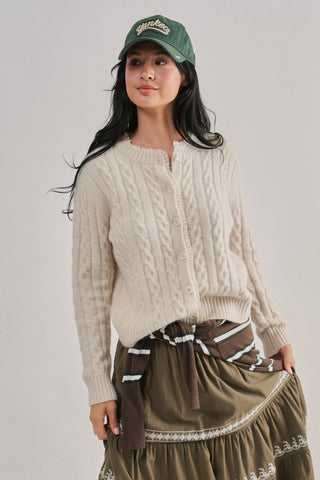 Urban Daizy Ivory Cable-Knit Cardigan with Lace Ruffle Trim