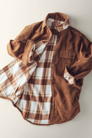 Urban Daizy - Plaid Lined Corduroy Flannel Shacket