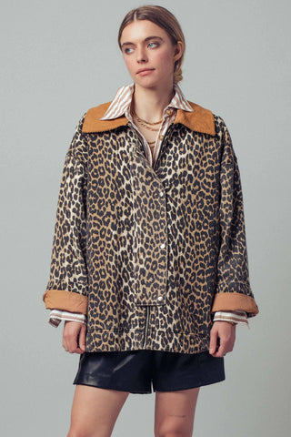Urban Daizy - Leopard Print Corduroy Collar Barn Jacket
