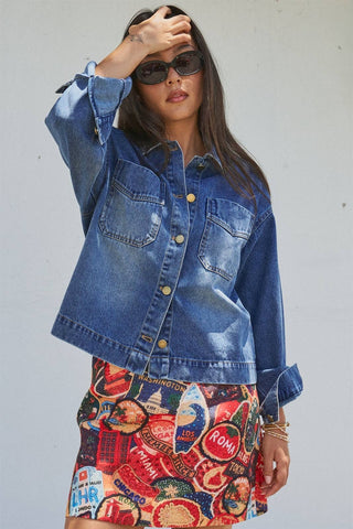 Urban Daizy - Vintage Wash Denim Shirt Jacket With Gold Buttons
