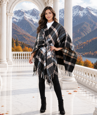 Designer House Plaid Loop Closure Fringe Cape