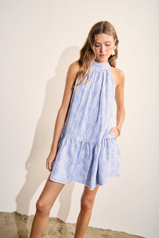 English Factory - Stripe with Embroidered Halter Mini Dress