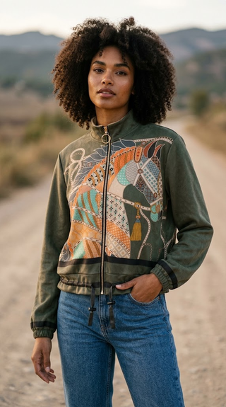 LOOWIE Olive Equestrian Print Bomber Jacket