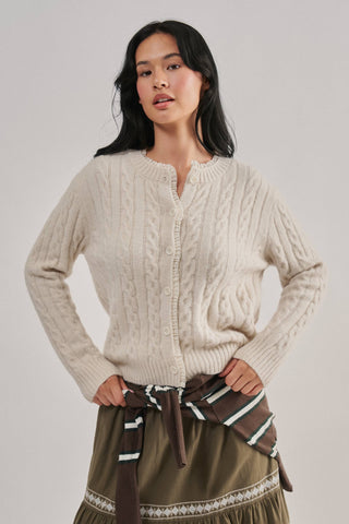 Urban Daizy Ivory Cable-Knit Cardigan with Lace Ruffle Trim