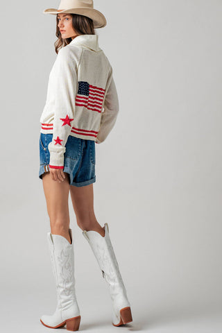 Patriotic American Flag Shawl Collar Cardigan Sweater- Urban Daizy