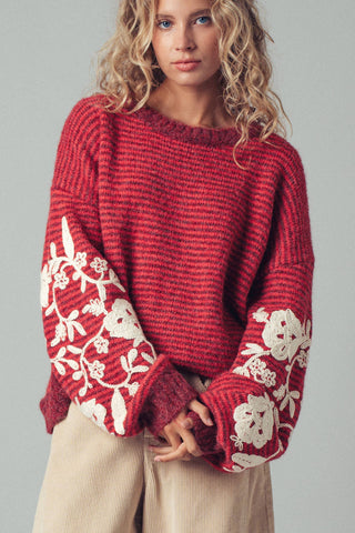 Urban Daizy - Floral Embroidered Striped Knit Sweater