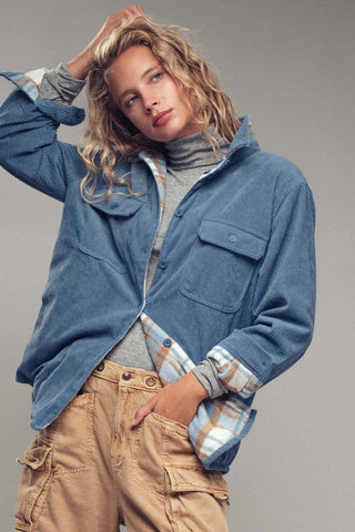 Urban Daizy - Plaid Flannel-Lined Corduroy Shacket