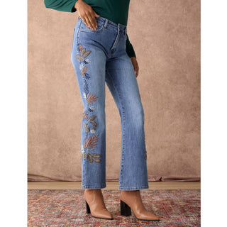 Coco + Carmen Bambu Soft Flare jeans with leaf embroidery in medium denim