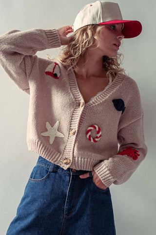 Urban Daizy - Crochet Patch Cardigan–Nautical Motifs, Relaxed Cropped Fit