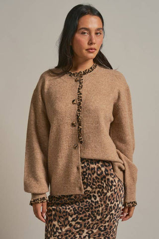 Urban Daizy Leopard Ruffle Trim Knit Cardigan | Camel