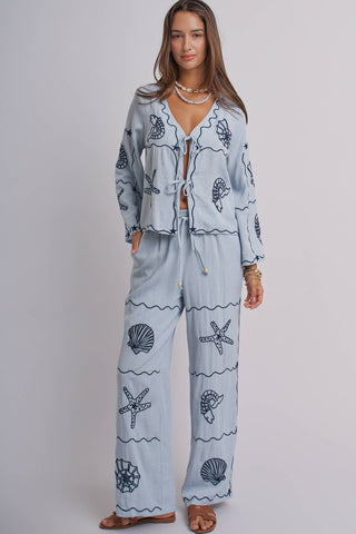 Urban Daizy - Seashell Embroidered Linen Blend Wide Leg Pants