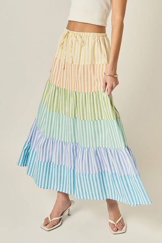 English Factory Pastel Maxi Skirt | Tiered Colorblock Summer Skirt