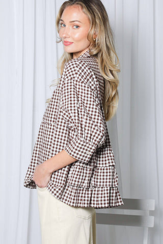 100% Cotton Gingham Shirt Jacket with Ruffle Back | Women's Boutique Fashion