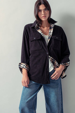 Urban Daizy - Plaid Flannel-Lined Corduroy Shacket