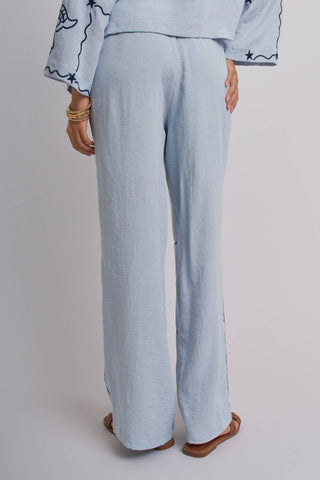 Urban Daizy - Seashell Embroidered Linen Blend Wide Leg Pants