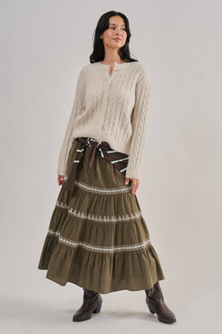 Urban Daizy Ivory Cable-Knit Cardigan with Lace Ruffle Trim
