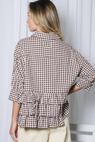 100% Cotton Gingham Shirt Jacket with Ruffle Back | Women's Boutique Fashion