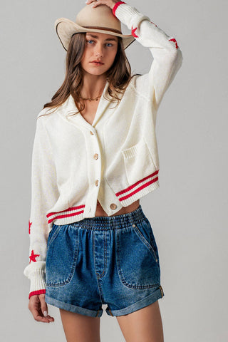 Patriotic American Flag Shawl Collar Cardigan Sweater- Urban Daizy