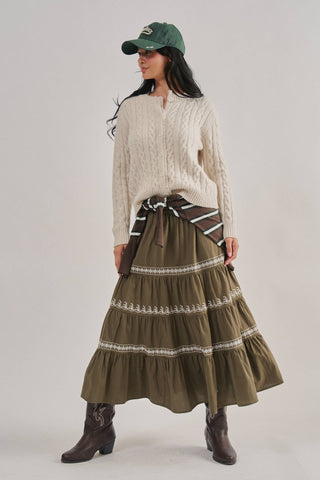 Urban Daizy Ivory Cable-Knit Cardigan with Lace Ruffle Trim