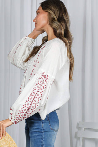 100% Cotton Boho Embroidered Blouse with Burgundy Thread | Women's Boutique Top & Love - Bohemian Embroidered Split Neck Cotton Blouse Top VT82867