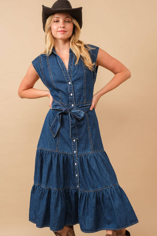 Blue B Belted Button-Up Tiered Midi Dress