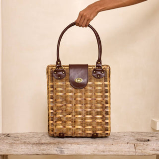 The Winding Road - Large Dark Brown Rattan Handbag with Twist Closure
