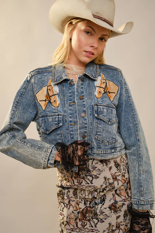 Blue B Western Embroidered Cropped Denim Jacket – Light Wash