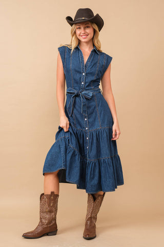 Blue B Belted Button-Up Tiered Midi Dress