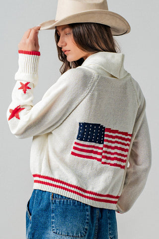 Patriotic American Flag Shawl Collar Cardigan Sweater- Urban Daizy