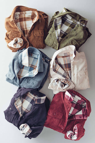 Urban Daizy - Plaid Lined Corduroy Flannel Shacket