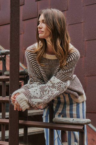 Urban Daizy - Floral Embroidered Striped Knit Sweater
